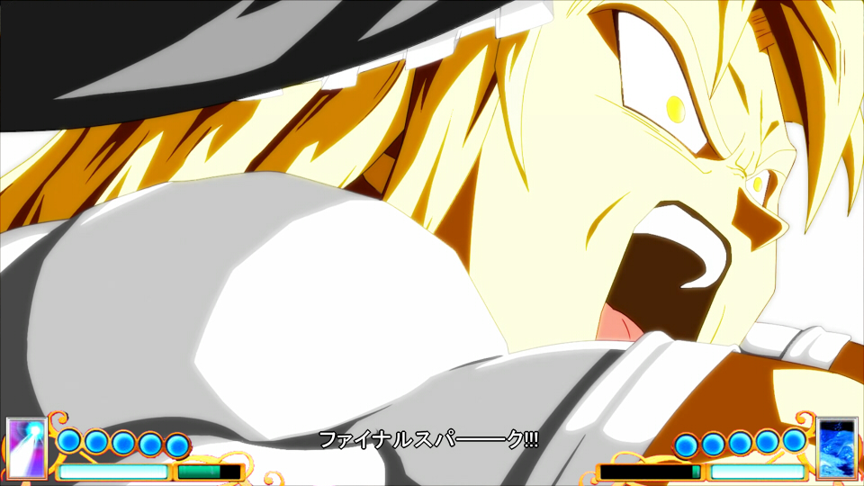 antinomy_of_common_flowers black_hat blonde_hair close-up commentary_request dragon_ball dragon_ball_fighterz gameplay_mechanics hat hidaruma kirisame_marisa muscle muscular_female nose open_mouth parody shirt short_sleeves shouting simple_background solo spell_card style_parody tongue touhou translated tsurime upper_teeth white_background white_shirt witch_hat yellow_eyes