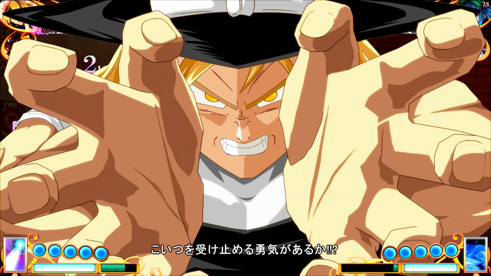 antinomy_of_common_flowers black_vest blonde_hair bow clenched_teeth commentary_request dragon_ball dragon_ball_fighterz fingernails gameplay_mechanics hat hat_bow hidaruma kirisame_marisa looking_at_viewer muscle parody shirt solo spell_card style_parody teeth touhou translation_request tsurime vest white_bow white_shirt witch_hat yellow_eyes