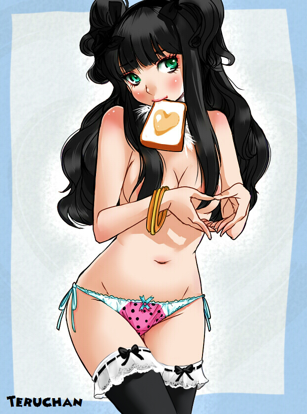 1girl artist_name bangs bikini black_hair black_legwear bow bow_legwear bow_panties bracelet breasts closed_mouth commentary convenient_censoring crotch_seam food food_in_mouth green_eyes hair_censor head_tilt heart heart_hands heart_print jewelry lace lace-trimmed_thighhighs lips long_hair looking_at_viewer medium_breasts moe_moe_kyun! mouth_hold navel original panties pink_panties polka_dot polka_dot_panties side-tie_bikini smile solo standing swimsuit teruchan thighhighs thighs toast toast_in_mouth topless twintails two_side_up underwear