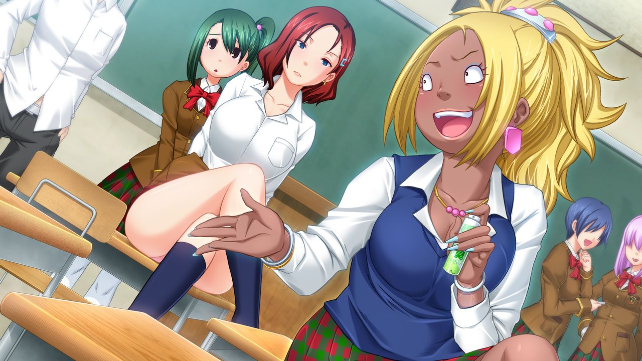 1boy 4girls blonde_hair blue_hair blue_nails blush bracelet breasts butcha-u classroom dark_skin earrings eyeshadow female fingernails game_cg green_hair himura_ai jewelry jutaijima kisaragi_rei large_breasts long_fingernails long_hair looking_back makeup multiple_girls nagoshi_yumi open_mouth pink_hair ponytail red_eyes school_uniform shiny shiny_skin short_hair sitting smile spray_bottle