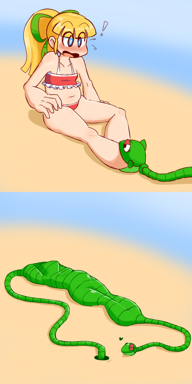 &lt;3 beach belly bulge capcom clothed clothing female fupoo machine mega_man_(series) midriff not_furry reptile robot roll_(megaman) scalie seaside sequence simple_background snake soft_vore swimsuit video_games vore