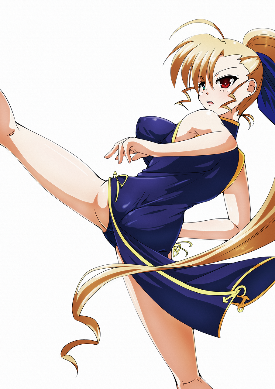 ass blonde_hair blue_dress blue_panties blush bouncing_breasts breasts china_dress chinese_clothes covered_nipples dress green_eyes hair_ornament hair_ribbon heterochromia highres kicking large_breasts long_hair lyrical_nanoha mahou_shoujo_lyrical_nanoha_strikers open_mouth panties pantyshot pantyshot_(kicking) ponytail red_eyes ribbon simple_background solo tappa_(esperanza) underwear very_long_hair vivio white_background