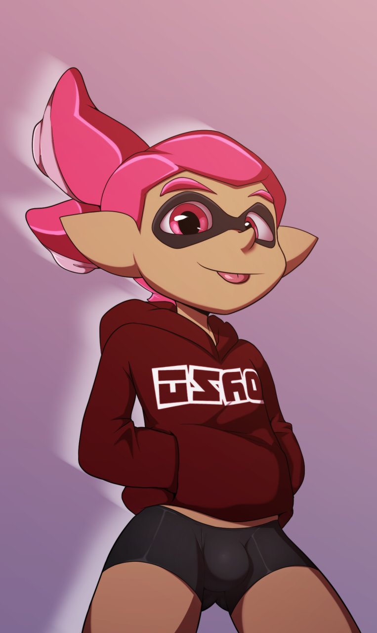 blep bulge clothing hands_in_pockets hoodie inkling jerseydevil looking_at_viewer male nintendo pose smile solo splatoon tentacle_hair tentacles tongue tongue_out underwear video_games