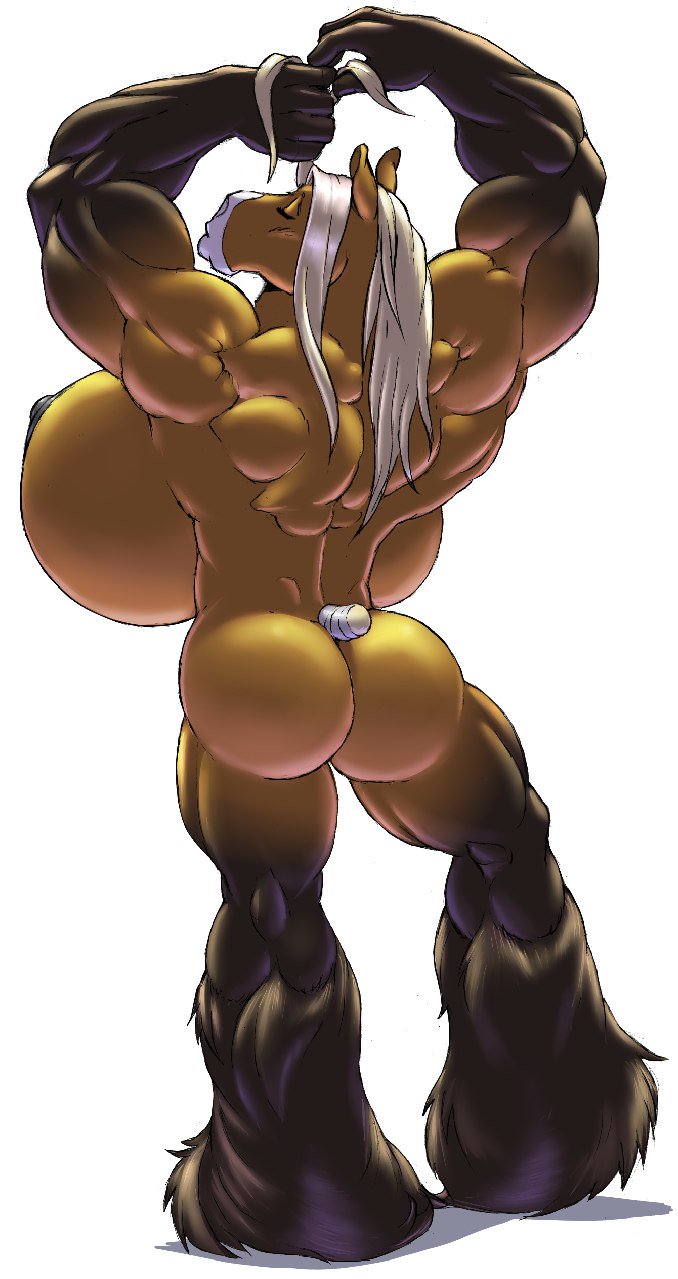 biceps big_breasts breasts butt equine eyes_closed female gideon horse huge_breasts hyper mammal muscular muscular_female nipples pose rear_view side_boob solo