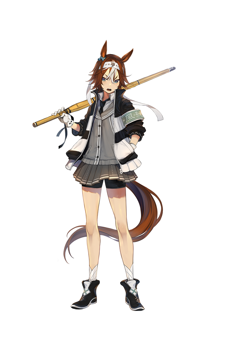 animal_ears artist_request bamboo_memory bike_shorts black_footwear black_neckwear blue_eyes boots brown_hair full_body gloves hair_between_eyes hand_in_pocket headband highres horse_ears horse_girl horse_tail jacket looking_at_viewer multicolored_hair necktie official_art open_mouth pleated_skirt school_uniform shinai short_hair shorts shorts_under_skirt skirt solo sword tail transparent_background two-tone_hair umamusume weapon white_gloves white_hair