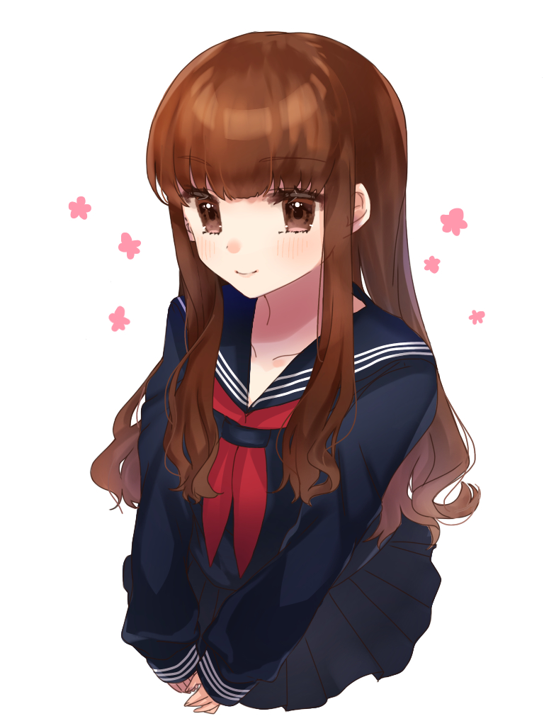 bangs blunt_bangs blush brown_eyes brown_hair eyebrows_visible_through_hair fate/extra fate/extra_ccc fate_(series) flower kishinami_hakuno_(female) kyuuri_(yumi20010221) long_sleeves looking_at_viewer navy_blue_sailor_collar navy_blue_serafuku neckerchief own_hands_together pleated_skirt red_neckwear sailor_collar school_uniform serafuku sidelocks simple_background skirt sleeves_past_wrists solo tareme tsukumihara_academy_uniform_(fate/extra_ccc) upper_body v_arms white_background