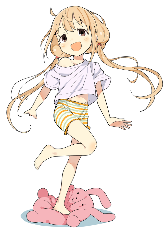 :d bare_legs barefoot bike_shorts blonde_hair brown_eyes commentary full_body futaba_anzu idolmaster idolmaster_cinderella_girls long_hair looking_at_viewer low_twintails mirakichi open_mouth shirt simple_background smile solo striped striped_bike_shorts stuffed_animal stuffed_bunny stuffed_toy t-shirt twintails white_background white_shirt