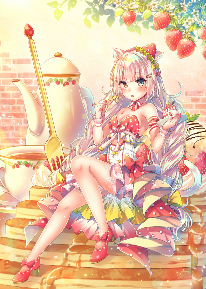 animal_ears arm_ribbon bare_shoulders blue_eyes bow breasts brick_wall cake cat_ears cat_girl cat_tail cleavage commentary cream cup dress english_commentary fingernails food fork fruit heterochromia holding holding_fork holding_plate ice_cream in_food long_hair looking_at_viewer medium_breasts minigirl mouth_hold nail_polish nemuri_nemu original pancake pink_footwear plate polka_dot red_bow red_nails ribbon shoes silver_hair sitting slice_of_cake solo stack_of_pancakes strapless strapless_dress strawberry striped striped_ribbon tail tea teacup teapot very_long_hair white_dress wrist_cuffs yellow_eyes