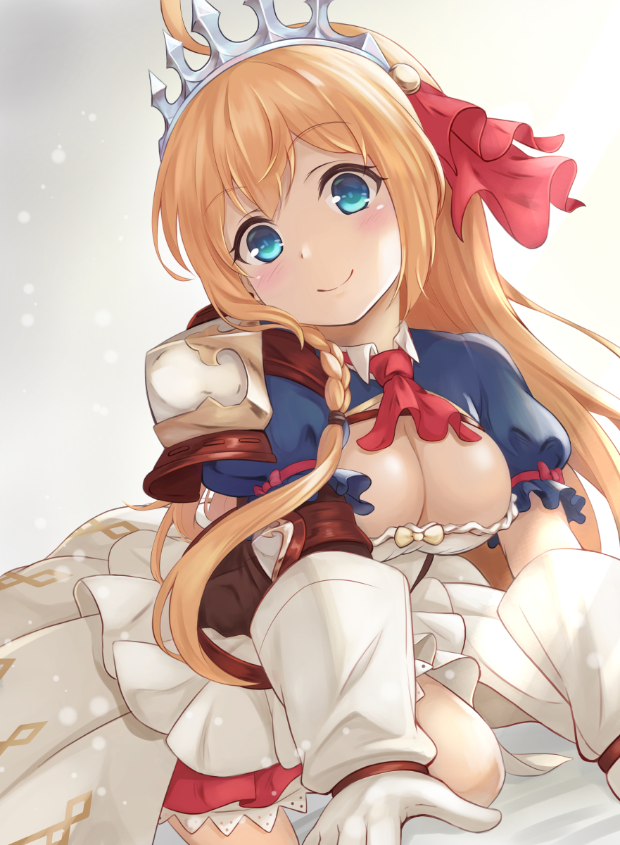 ahoge blonde_hair blue_eyes blush breasts commentary_request dress gloves highres long_hair looking_at_viewer medium_breasts orange_hair pauldrons pecorine princess_connect! princess_connect!_re:dive ribbon short_sleeves solo tiara yuririn_poi