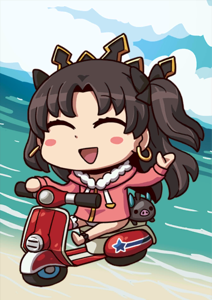 april_fools black_hair blush_stickers bull chibi closed_eyes cloud day earrings fate/grand_order fate_(series) ground_vehicle gugalanna ishtar_(fate/grand_order) ishtar_(swimsuit_rider)_(fate) jewelry long_hair motor_vehicle official_art riyo_(lyomsnpmp) scooter tiara two_side_up water