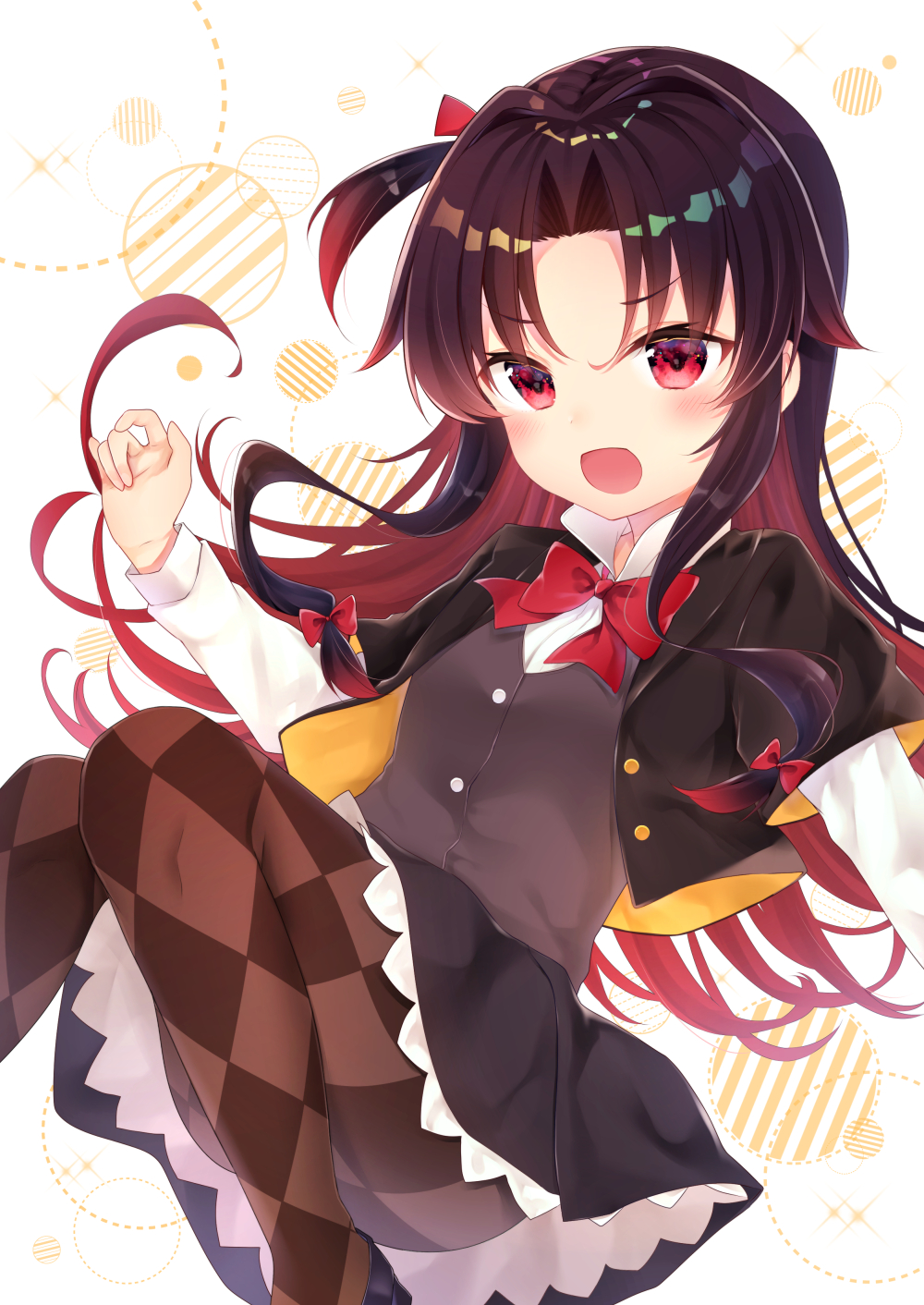 1girl :d argyle argyle_legwear bangs black_jacket black_skirt bow brown_hair brown_legwear brown_vest collared_shirt commentary_request cropped_legs eyebrows_visible_through_hair gradient_hair gyozanuko hair_between_eyes hair_bow highres jacket long_hair long_sleeves looking_at_viewer multicolored_hair one_side_up open_mouth pantyhose pleated_skirt red_bow red_eyes red_hair ryuuou_no_oshigoto! shirt skirt smile solo very_long_hair vest white_shirt yashajin_ai