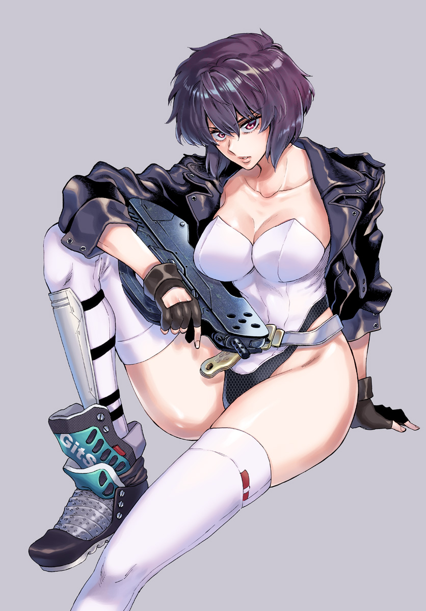 1girl arm_support bangs belt black_gloves breasts cleavage commentary_request feet_out_of_frame fingerless_gloves ghost_in_the_shell gloves gun highleg highleg_leotard highres holding holding_gun holding_weapon jacket knee_up kusanagi_motoko leather leather_jacket leotard medium_breasts open_clothes open_jacket outstretched_leg parted_lips purple_hair red_eyes rifle shin_guards shoes short_hair sitting solo takanashi_ringo thighhighs trigger_discipline weapon white_legwear white_leotard