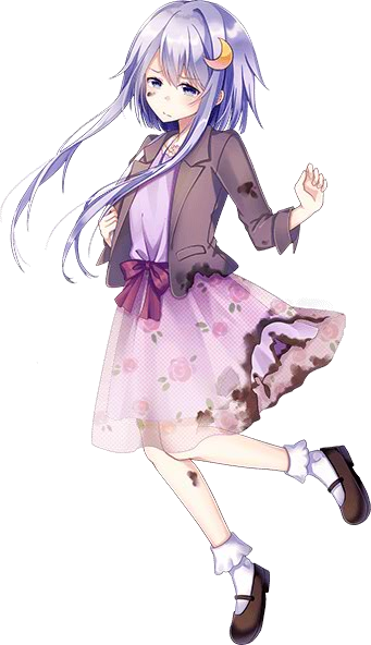 alternate_costume blazer bobby_socks crescent crescent_hair_ornament dress full_body hair_ornament jacket jewelry kantai_collection kusada_souta mary_janes necklace official_art purple_dress purple_eyes purple_hair shoes short_hair_with_long_locks socks torn_clothes transparent_background white_legwear yayoi_(kantai_collection)