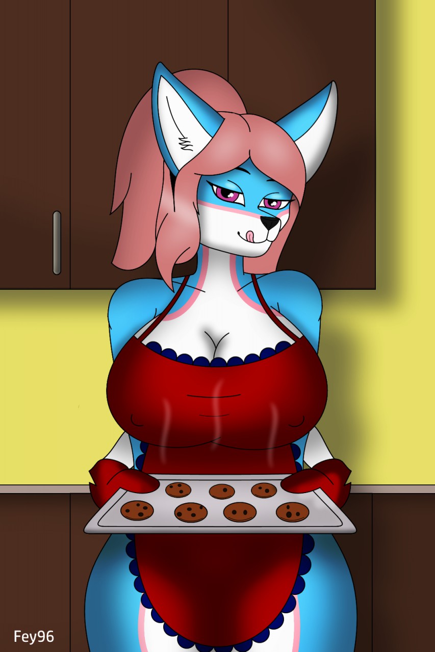 2017 anthro apron bedroom big_breasts blue_fur breasts canine clothing cookie digital_media_(artwork) female fey96 food fox fur hair huge_breasts invalid_tag ivory_tucker looking_at_viewer loss mammal mature_female multicolored_fur pink_hair purple_eyes tongue voluptuous white_fur wide_hips