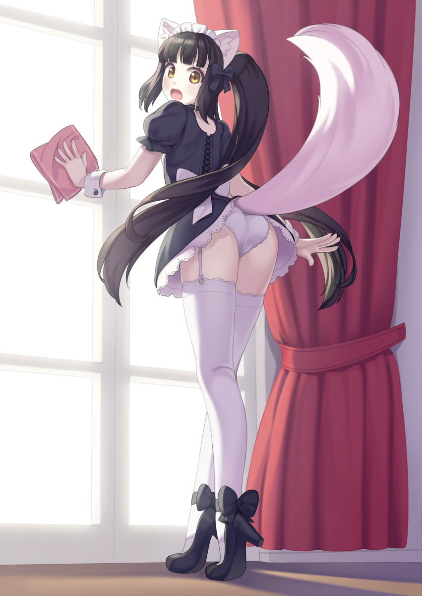:o animal_ears ashley_(miniruri) ass bangs black_bow black_footwear black_hair blunt_bangs borrowed_character bow brown_eyes cleaning cloth commission cristalavi curtains full_body garter_straps high_heels highres indoors long_hair looking_back maid open_mouth original panties ponytail solo standing tail tail_lift thighhighs underwear very_long_hair white_legwear white_panties window wrist_cuffs