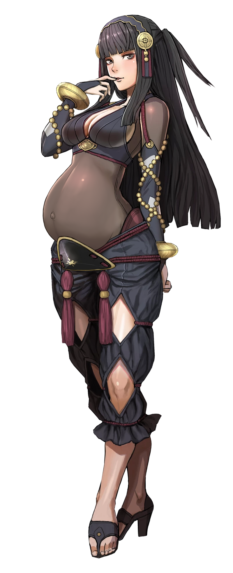 1girl bangs black_hair breasts cleavage edited fire_emblem fire_emblem_heroes full_body large_breasts long_hair pregnant rhajat_(fire_emblem_fates) solo standing syalla_(fire_emblem_if) transparent_background