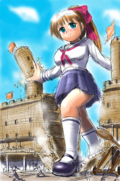 breasts brown_hair castle catapult collapsing fleeing giantess gox large_breasts ponytail ribbon school_uniform size_difference smile