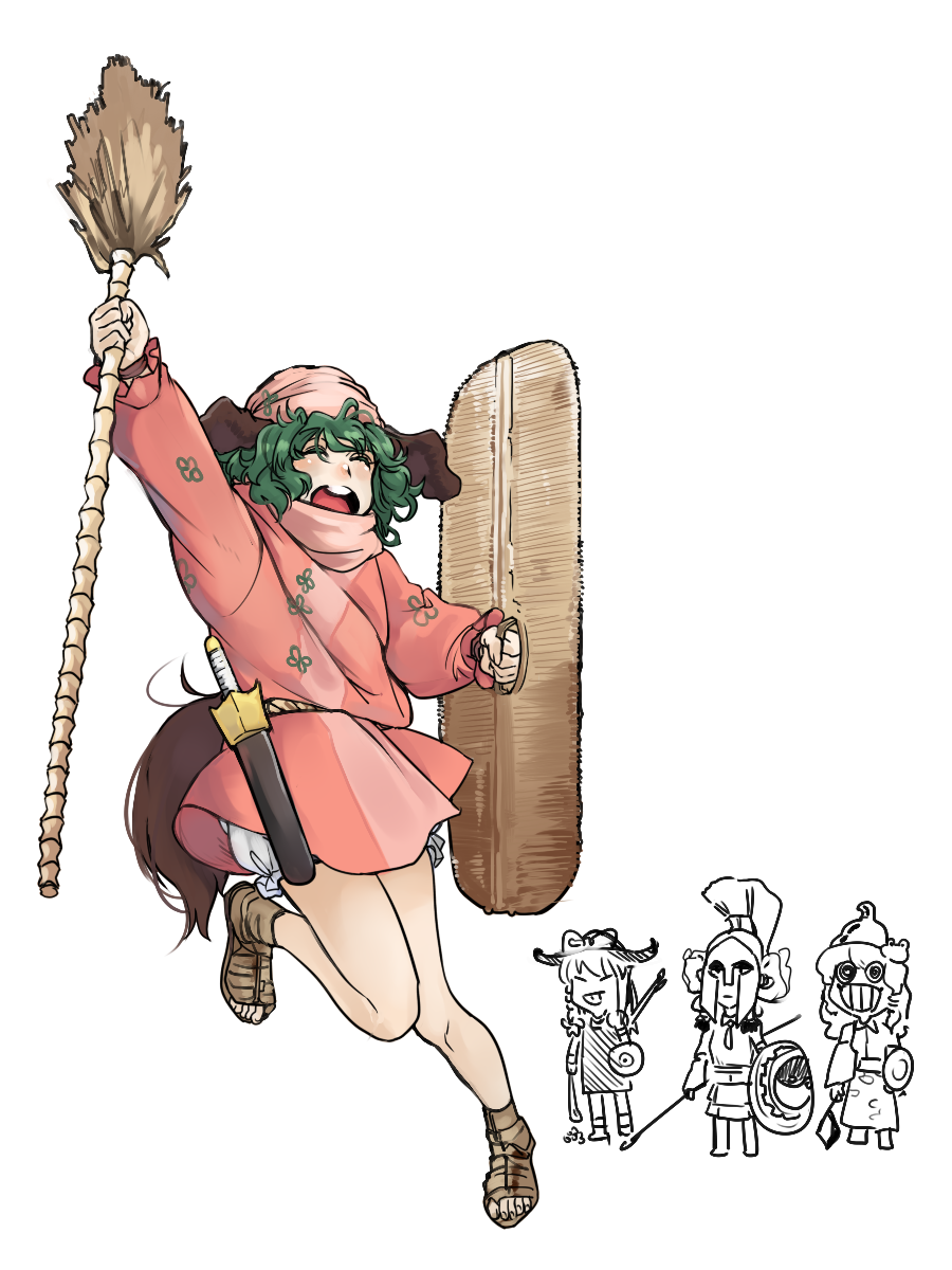 armor bamboo_broom belt bitchcraft123 broom buckler check_commentary closed_eyes commentary_request green_hair hakurei_reimu hat helmet highres holding_shield hoplite jumping kasodani_kyouko kirisame_marisa kochiya_sanae korean leg_up long_sleeves multiple_girls open_mouth outstretched_arm pink_hat polearm sandals sheath sheathed shield short_hair shouting sling_(weapon) spear sword tongue tongue_out touhou tunic weapon white_background