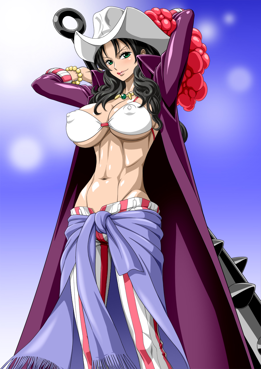 1girl abs alvida arms_up bikini bikini_top black_hair blush breasts cape capri_pants cleavage closed_mouth clothes_around_waist club erect_nipples gradient gradient_background green_eyes hat highres holding holding_weapon large_breasts legs lips lipstick long_hair looking_at_viewer mace navel necklace nel-zel_formula one_piece purple_cape red_lips simple_background smile solo spiked_club standing striped striped_pants sun_hat thighs toned underboob vertical_stripes weapon white_bikini white_bikini_top white_hat