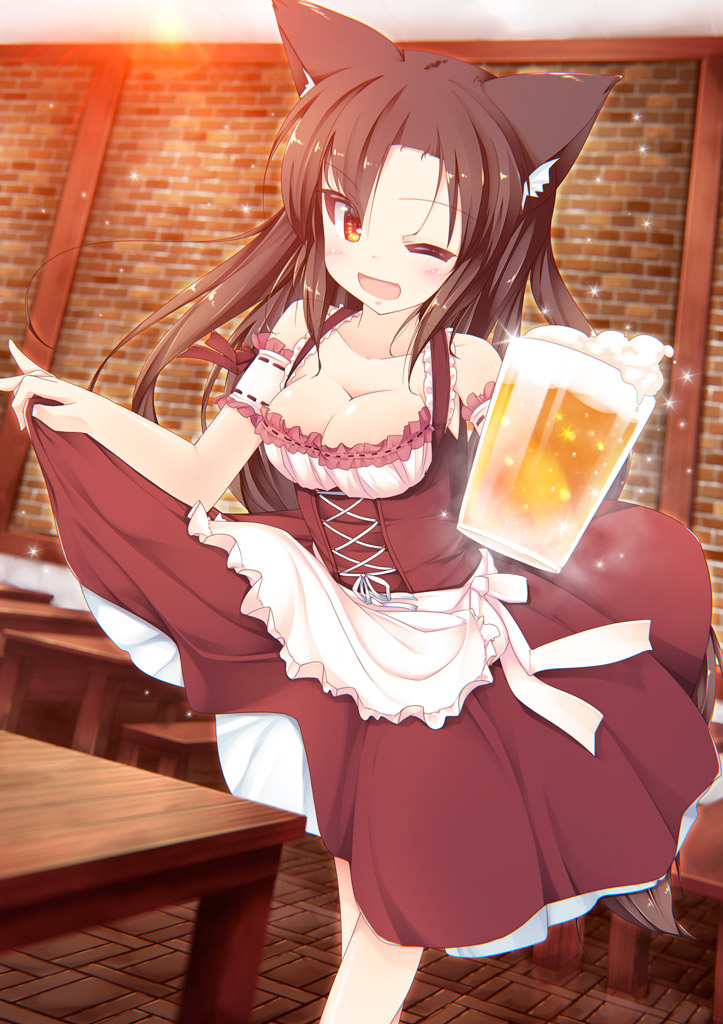 1girl alcohol alternate_costume animal_ears apron beer beer_mug blue_apron blush breasts brown_hair cleavage collarbone corset cup dress german_clothes holding holding_cup imaizumi_kagerou large_breasts long_hair one_eye_closed open_mouth red_eyes solo tail torii_(kedamatori) touhou wolf_ears wolf_tail