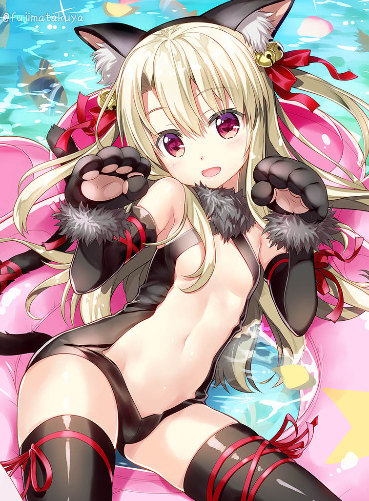 animal_ears black_gloves black_legwear black_leotard blush breasts cat_ears cat_tail commentary_request elbow_gloves eyebrows_visible_through_hair fake_animal_ears fate/grand_order fate/kaleid_liner_prisma_illya fate_(series) fujima_takuya fur_trim gloves hair_between_eyes illyasviel_von_einzbern innertube leotard long_hair looking_at_viewer lying navel on_back open_mouth paw_gloves paws red_eyes revision shiny shiny_hair shiny_skin small_breasts solo tail thighhighs water white_hair