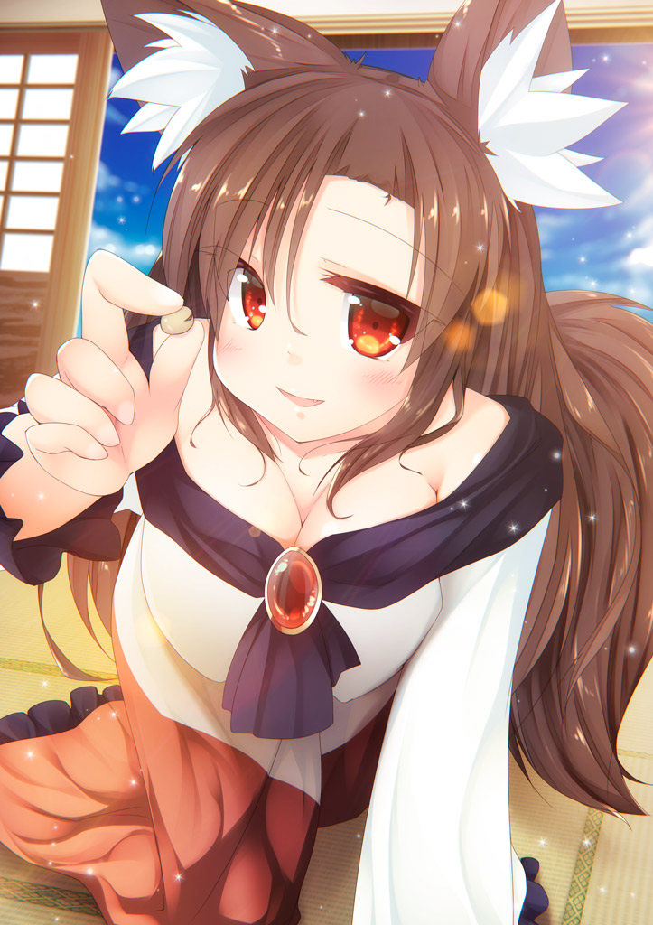 1girl animal_ear_fluff animal_ears bare_shoulders breasts brooch brown_hair cleavage collarbone dress eyebrows_visible_through_hair eyes_visible_through_hair fang food imaizumi_kagerou jewelry large_breasts long_hair long_sleeves open_mouth red_eyes solo tail torii_(kedamatori) touhou wolf_ears wolf_tail