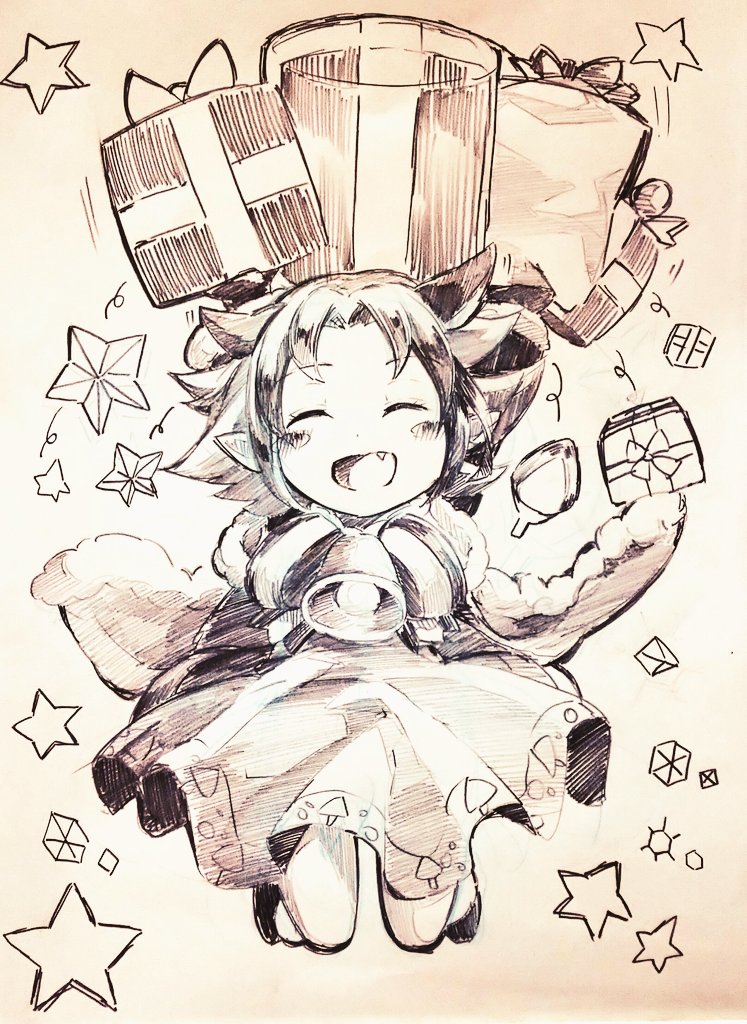 1girl bell bell_collar box christmas christmas_ornaments coat collar dragon_girl dragon_tail eyes_closed fa fire_emblem fire_emblem:_fuuin_no_tsurugi fire_emblem_heroes gift gift_box graphite_(medium) looking_at_viewer nintendo pointy_ears shiratsu_(white-seaside) smile solo tail traditional_media