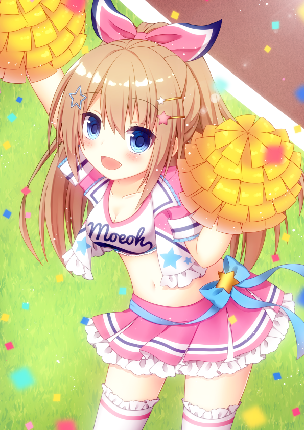 :d arms_up bangs blue_bow blue_eyes blurry blurry_foreground blush bow breasts brown_hair cheerleader cleavage collarbone commentary_request confetti crop_top cropped_jacket day depth_of_field eyebrows_visible_through_hair fang frilled_legwear hair_between_eyes hair_ornament hair_ribbon hairclip himetsuki_luna holding jacket long_hair looking_at_viewer medium_breasts midriff moe2017 navel open_clothes open_jacket open_mouth original outdoors pink_jacket pink_ribbon pink_skirt pleated_skirt pom_poms ponytail ribbon short_sleeves sidelocks skirt smile solo standing star star_hair_ornament thighhighs very_long_hair white_legwear