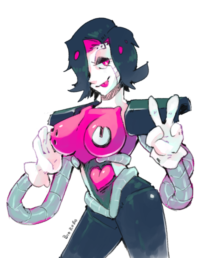 1girl android black_hair breasts genderswap hair_over_one_eye mettaton mettaton_ex pink_eyes short_hair solo undertale