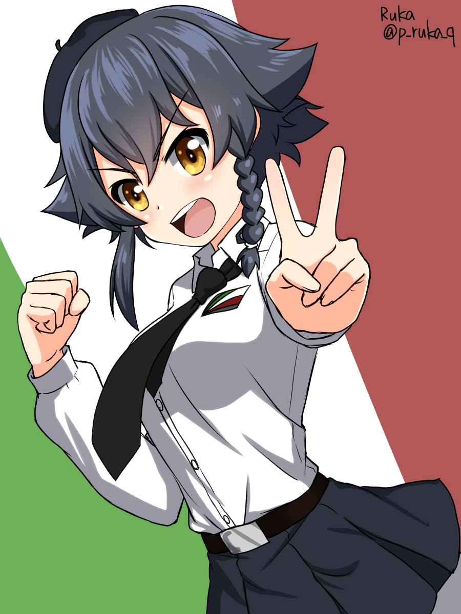 anzio_school_uniform artist_name bangs belt beret black_belt black_hair black_hat black_skirt braid brown_eyes commentary dress_shirt emblem eyebrows_visible_through_hair flag_background girls_und_panzer hat highres italian_flag long_sleeves looking_at_viewer miniskirt open_mouth pantyhose pepperoni_(girls_und_panzer) pleated_skirt ruka_(piyopiyopu) school_uniform shirt short_hair side_braid skirt smile solo standing twitter_username v v-shaped_eyebrows white_legwear white_shirt wing_collar