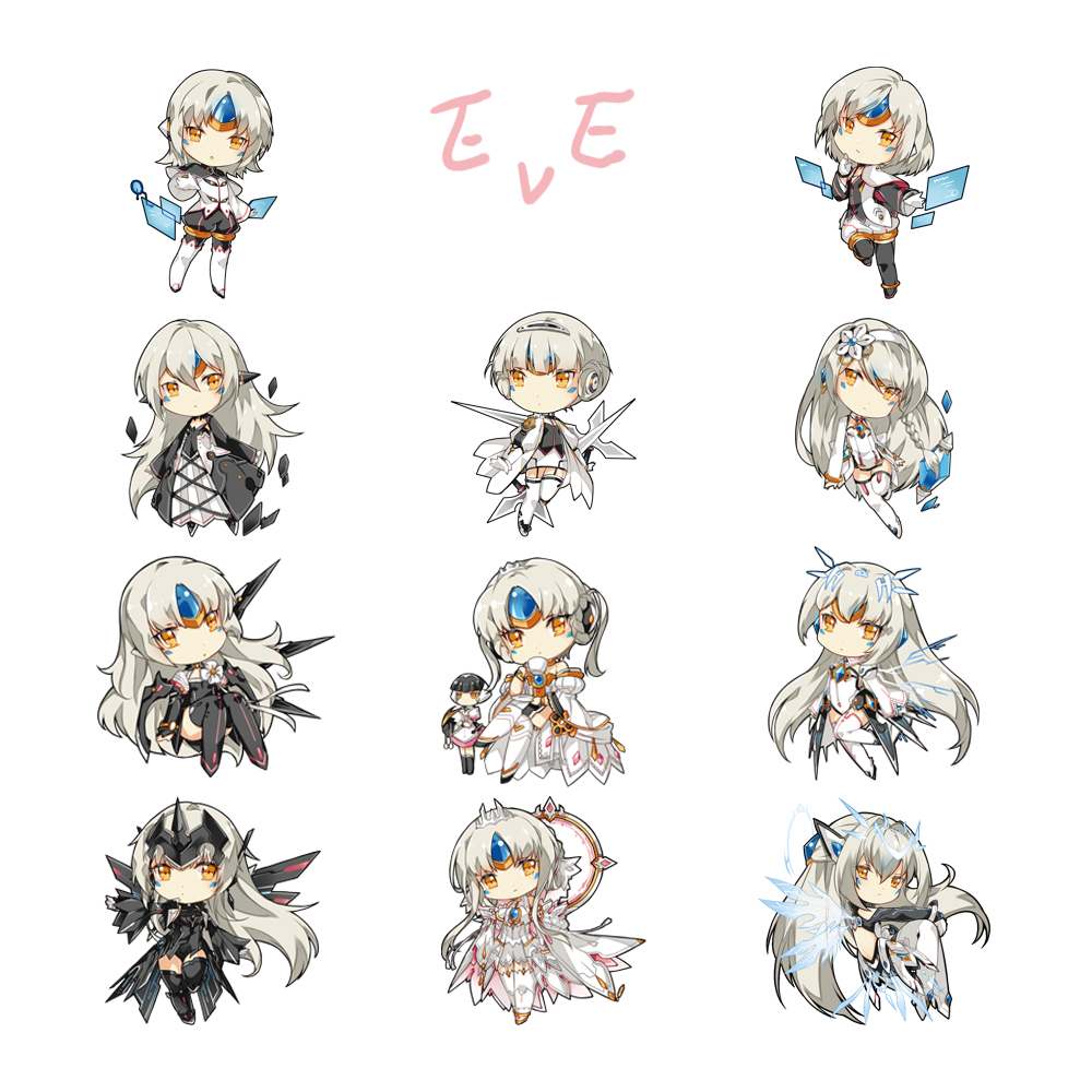 another_code_(elsword) black_capelet black_dress black_footwear black_leotard boots braid capelet character_name chibi code:_architecture_(elsword) code:_battle_seraph_(elsword) code:_electra_(elsword) code:_empress_(elsword) code:_esencia_(elsword) code:_exotic_(elsword) code:_nemesis_(elsword) code:_sariel_(elsword) code:_ultimate_(elsword) dress elsword eve_(elsword) expressionless forehead_jewel gloves hair_intakes hairband holographic_monitor leotard long_hair miniskirt multiple_girls multiple_persona ophelia_(elsword) shirt short_hair side_braid simple_background skirt thigh_boots thighhighs vilor white_background white_footwear white_gloves white_hair white_hairband white_leotard white_shirt white_skirt white_sleeves wings yellow_eyes zettai_ryouiki