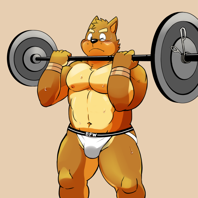 anthro big_muscles bulge canine clothing dog exercise jockstrap kenta_shiba_(character) male mammal muscular muscular_male shiba-kenta shiba_inu simple_background solo underwear weightlifting white_underwear workout