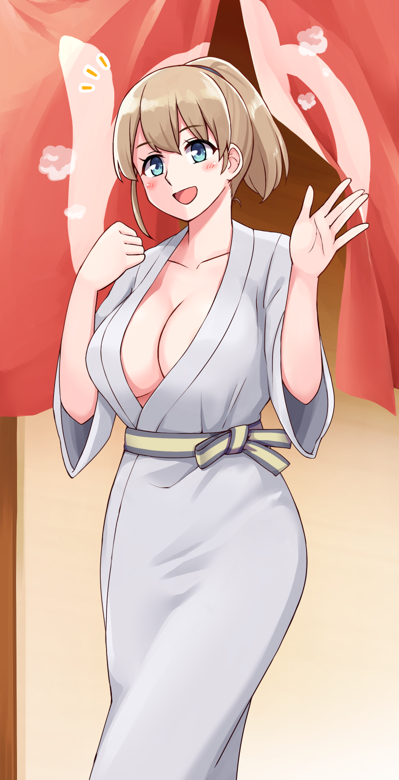 1girl :d alternate_costume bangs blue_eyes blush breasts cerasus cleavage collarbone commentary_request eyebrows_visible_through_hair feet_out_of_frame grey_kimono hands_up highres indoors intrepid_(kantai_collection) japanese_clothes kantai_collection kimono large_breasts looking_at_viewer open_mouth ponytail ribbon sash shiny shiny_hair short_hair short_sleeves single_sidelock smile solo steam tareme walk-in walking waving wide_sleeves yellow_ribbon