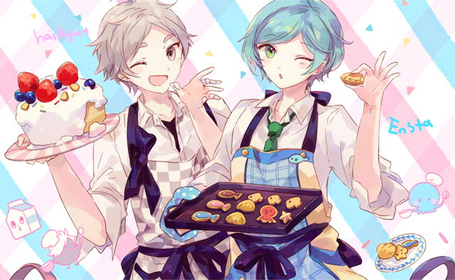 2boys baking blue_hair cake cookies ensemble_stars! male male_focus multiple_boys shinkai_kanata