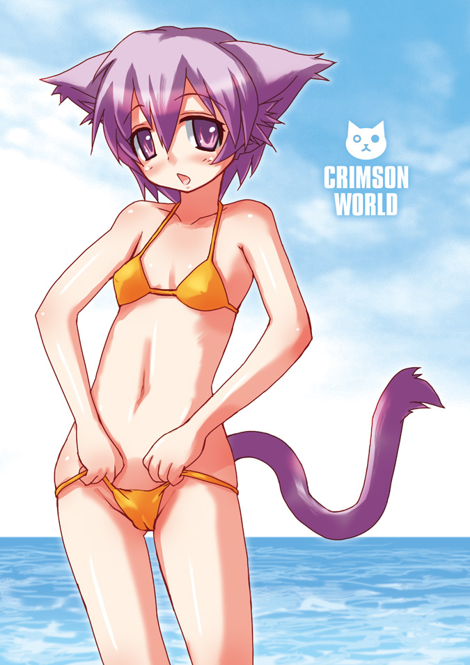 2011 animal_humanoid bikini blush camel_toe cat_humanoid clothed clothing cloud english_text feline female fur hair humanoid kure looking_at_viewer mammal navel open_mouth outside purple_eyes purple_fur purple_hair sky solo swimsuit text water