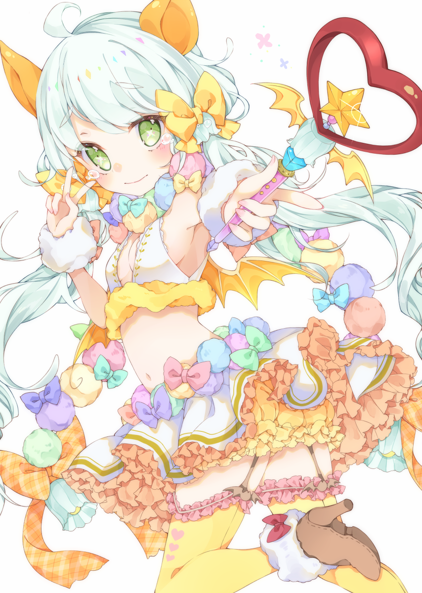 ahoge animal_ears aqua_hair bangs bat_wings blue_bow blush bow breasts brown_footwear chico152 commentary_request crop_top eyebrows_visible_through_hair frilled_legwear frilled_skirt frills fur-trimmed_footwear fur_trim garter_straps green_eyes high_heels highres index_finger_raised long_hair looking_at_viewer midriff multicolored multicolored_clothes multicolored_skirt navel original pom_pom_(clothes) sideboob simple_background skirt sleeveless small_breasts smile solo tears thighhighs twintails v waist_cutout wand white_background winged_wand wings wristband yellow_bow yellow_legwear