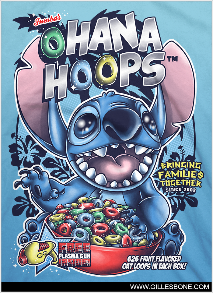 2015 4_fingers alien blue_background blue_claws blue_eyes blue_fur blue_nose blue_pawpads border bowl cereal chest_tuft claws disney english_text experiment_(species) food froot_loops fur gillesboneillustrations head_tuft kellogg's lilo_and_stitch notched_ear open_mouth open_smile outline parody pawpads plasma_rifle simple_background sitting smile sparkles stitch text tuft url white_border