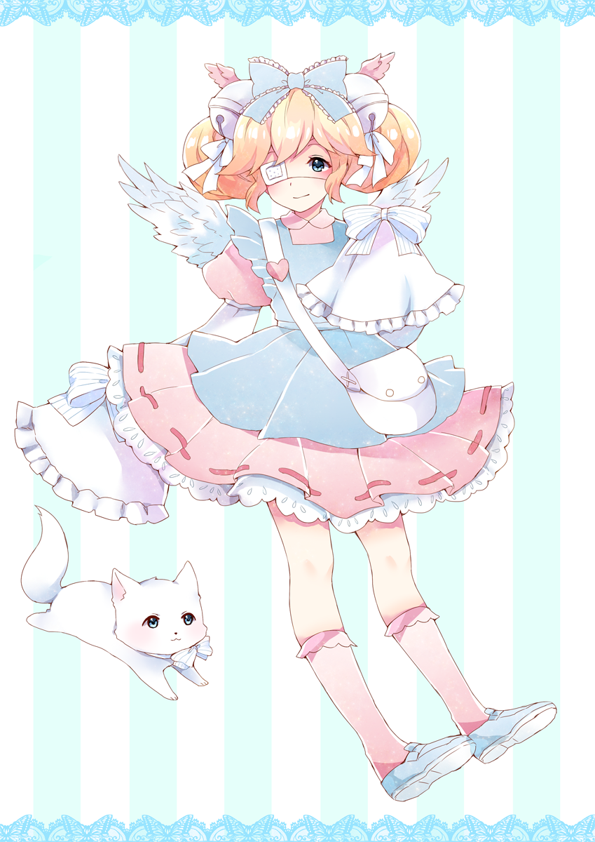 :3 bag blonde_hair blue_bow blue_dress blue_eyes blue_footwear blush bow cat closed_mouth commission cutesu_(cutesuu) double_bun dress eyepatch frilled_dress frills hair_bow highres layered_dress long_sleeves looking_at_viewer medical_eyepatch original peachpii pink_dress pink_legwear short_hair shoulder_bag sleeves_past_fingers sleeves_past_wrists smile socks solo wings