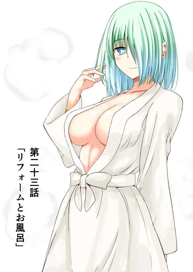 aqua_hair arm_at_side bad_id bad_pixiv_id bathrobe blue_eyes blue_hair blush bow breasts bright_pupils cleavage closed_mouth collarbone cowboy_shot eyebrows_visible_through_hair gradient_hair hair_over_one_eye hako_roku long_sleeves looking_at_viewer medium_breasts multicolored_hair original shiny shiny_hair short_hair smile solo standing steam translation_request white_background white_bow wide_sleeves