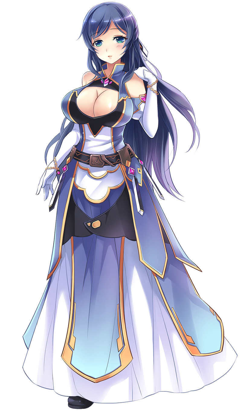 artist_request belt blue_eyes blue_hair breasts chain cleavage cleavage_cutout dress elbow_gloves eyebrows_visible_through_hair full_body gloves gold_trim hair_ornament half-closed_eyes hand_on_own_shoulder highres huge_breasts irene_(master_of_eternity) light_blush long_dress looking_at_viewer master_of_eternity nexon official_art transparent_background wavy_hair