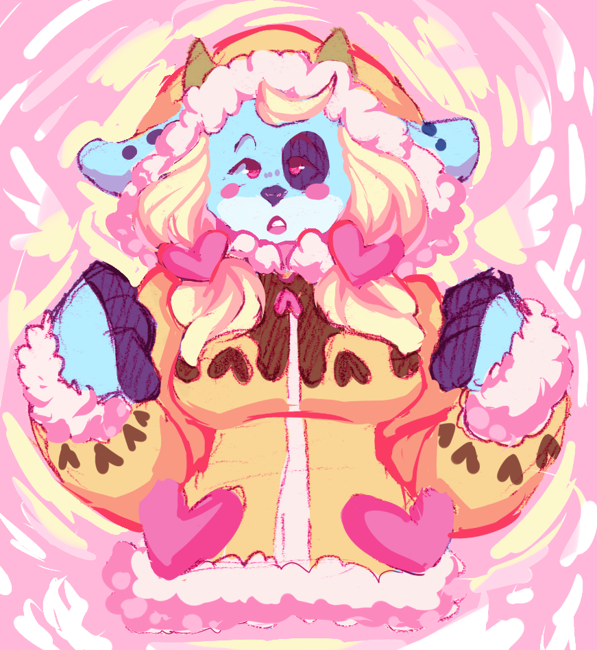 &lt;3 4_fingers big_ears blonde_hair blue_fur blush bovine breasts cattle clothed clothing female front_view fully_clothed fur hair heartthrob_cafe hood horn irootie jacket kix_(irootie) looking_at_viewer mammal open_mouth pink_eyes pink_tongue solo spots spotted_fur three_tone_fur tongue