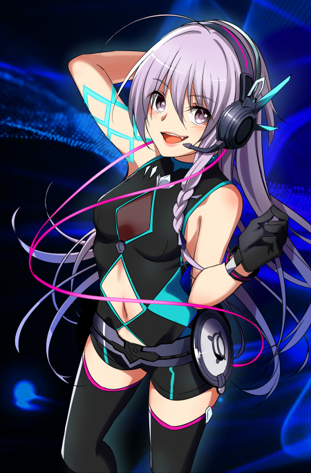 1girl :d ahoge arm_behind_head black_gloves black_legwear black_shorts bracelet eyebrows_visible_through_hair floating_hair gloves grey_eyes hair_between_eyes hairband headphones headset hoshi_shouko idolmaster idolmaster_cinderella_girls jewelry long_hair looking_at_viewer microphone midriff navel navel_cutout open_mouth shiny shiny_hair short_shorts shorts silver_hair sleeveless smile solo standing stomach thighhighs very_long_hair zettai_ryouiki