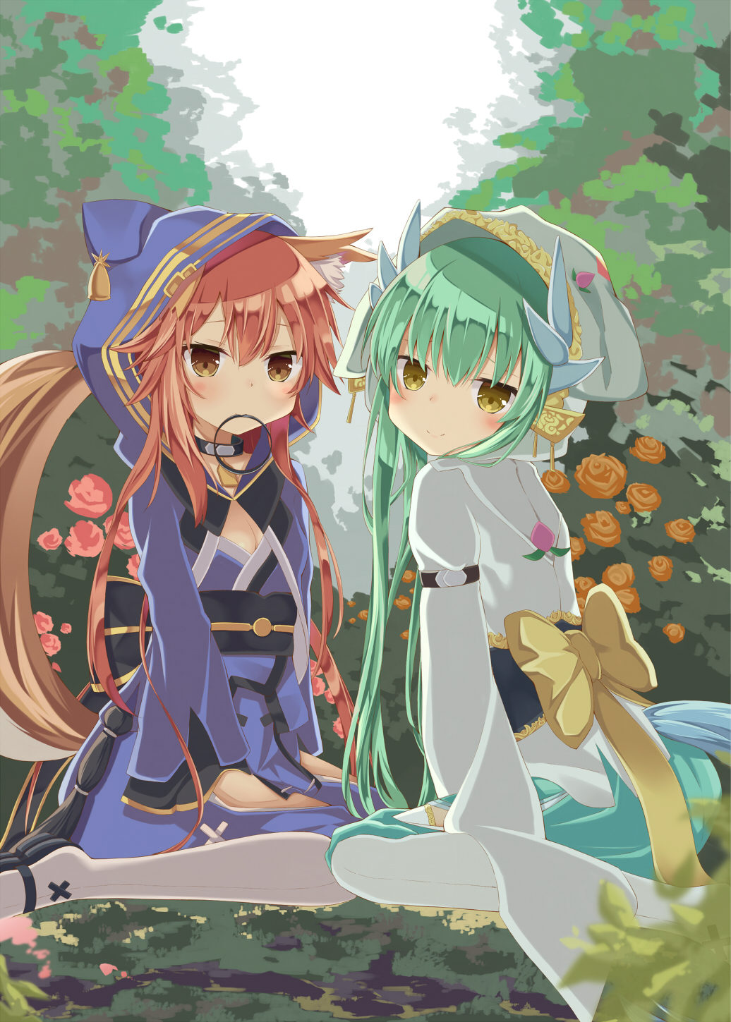 animal_ears aroma0501 bangs bell black_bow black_choker black_footwear blue_kimono blush bow breasts brown_eyes brown_flower brown_hair brown_rose bush choker cleavage closed_mouth commentary day dragon_horns fate/extra fate/grand_order fate_(series) flower fox_ears fox_girl fox_hood fox_tail green_hair hair_between_eyes head_tilt highres hood hood_up horns japanese_clothes kimono kiyohime_(fate/grand_order) long_hair long_sleeves looking_at_viewer looking_to_the_side medium_breasts mouth_hold multiple_girls obi outdoors pink_flower pink_rose rose rose_bush sandals sash sitting sleeves_past_fingers sleeves_past_wrists smile striped striped_bow tail tamamo_(fate)_(all) tamamo_no_mae_(fate) thighhighs very_long_hair wariza white_kimono white_legwear wide_sleeves yellow_bow