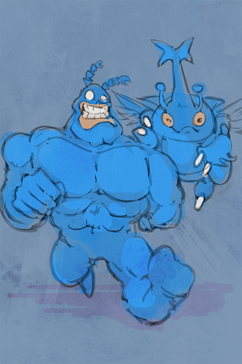 :d blue bug bummerdude claws color_connection commentary crossover empty_eyes flying gen_2_pokemon grin heracross highres insect male_focus muscle open_mouth pokemon shadow smile the_tick the_tick_(character) trait_connection walking yellow_eyes