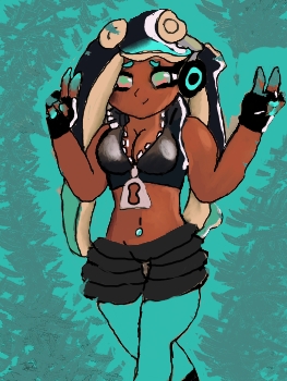 breasts clothed clothing dark_skin female inkling marina marina_(splatoon) nintendo not_furry simple_background splatoon video_games