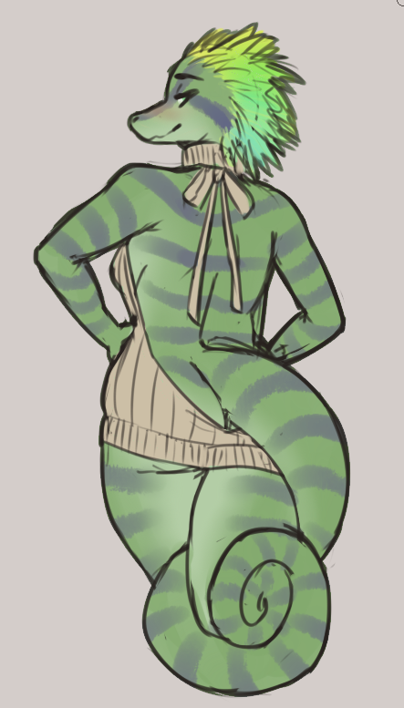 chameleon clothing feathers green_scales lizard loodfoks looking_at_viewer looking_back purple_scales reptile scales scalie smile smirk solo stripes sweater virgin_killer_sweater zaria_corazon