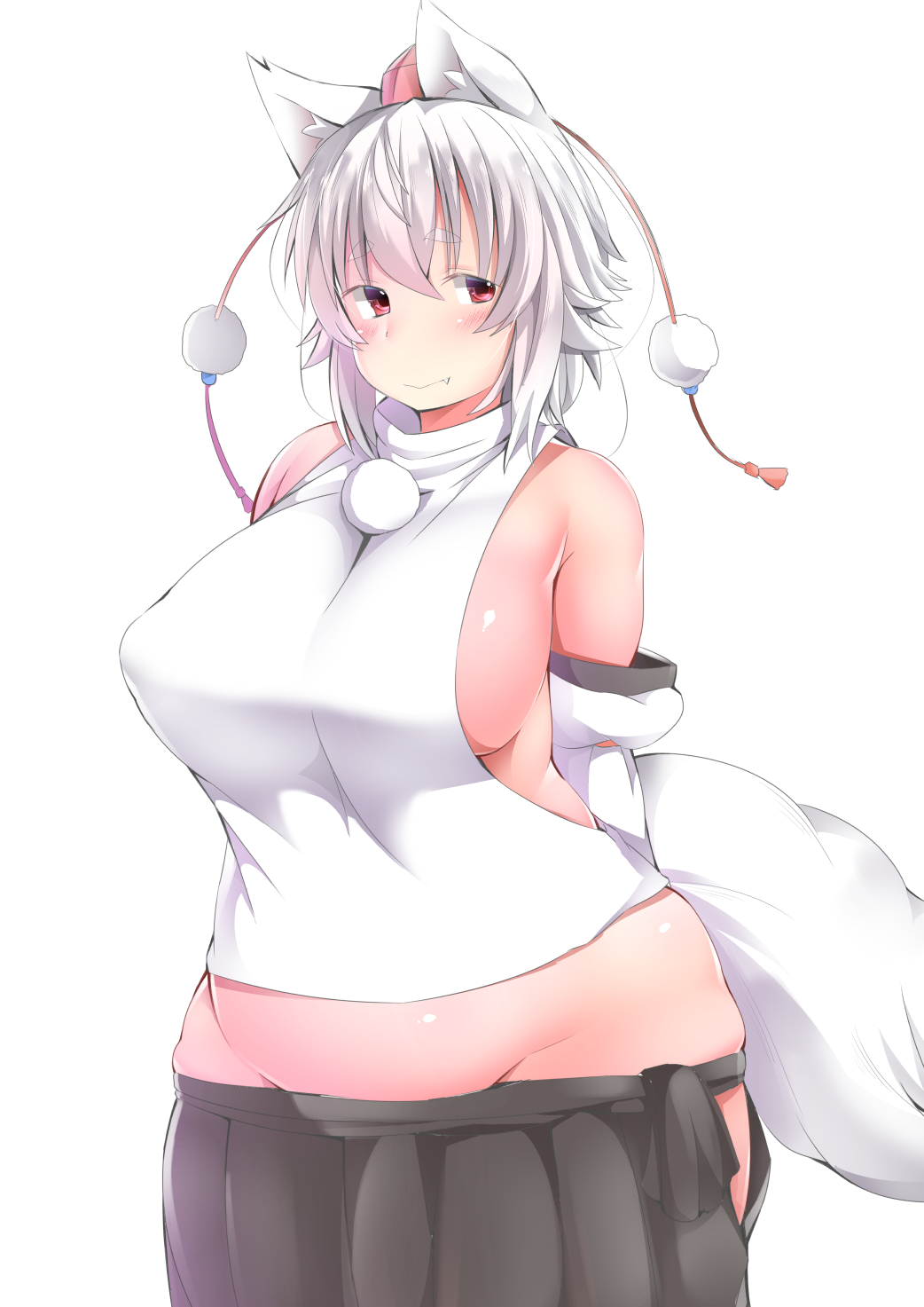 :&gt; animal_ears bare_shoulders belly blush breasts commentary_request detached_sleeves fang fang_out groin hat highres inubashiri_momiji large_breasts looking_at_viewer plump pom_pom_(clothes) red_eyes shishi_juuroku short_hair sideboob skindentation skirt smile solo tail thick_eyebrows tokin_hat touhou white_hair wolf_ears wolf_girl wolf_tail