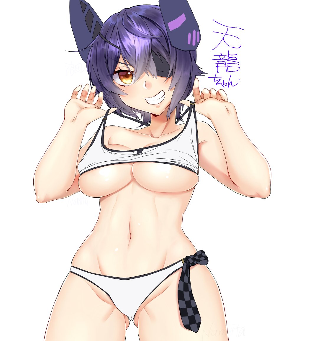 ass_visible_through_thighs bikini breasts character_name checkered checkered_neckwear cowboy_shot eyepatch grin headgear kantai_collection large_breasts looking_at_viewer minatasiro necktie purple_hair short_hair simple_background smile solo swimsuit tenryuu_(kantai_collection) underboob white_background white_bikini yellow_eyes