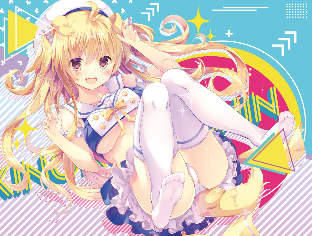 :d animal_ears arm_up bangs bare_shoulders beret blonde_hair blue_skirt blush bow bowtie breasts brown_eyes collarbone commentary_request crop_top dog_ears dog_girl dog_tail eyebrows_visible_through_hair fingernails full_body hair_between_eyes hair_ribbon hand_up hat kinokomushi large_breasts long_hair lying no_shoes on_back open_mouth original panties ribbon sailor_collar school_uniform serafuku shirt skirt sleeveless sleeveless_shirt smile soles solo sparkle tail thighhighs underboob underwear v-shaped_eyebrows very_long_hair white_hat white_legwear white_panties white_ribbon white_sailor_collar white_shirt yellow_neckwear
