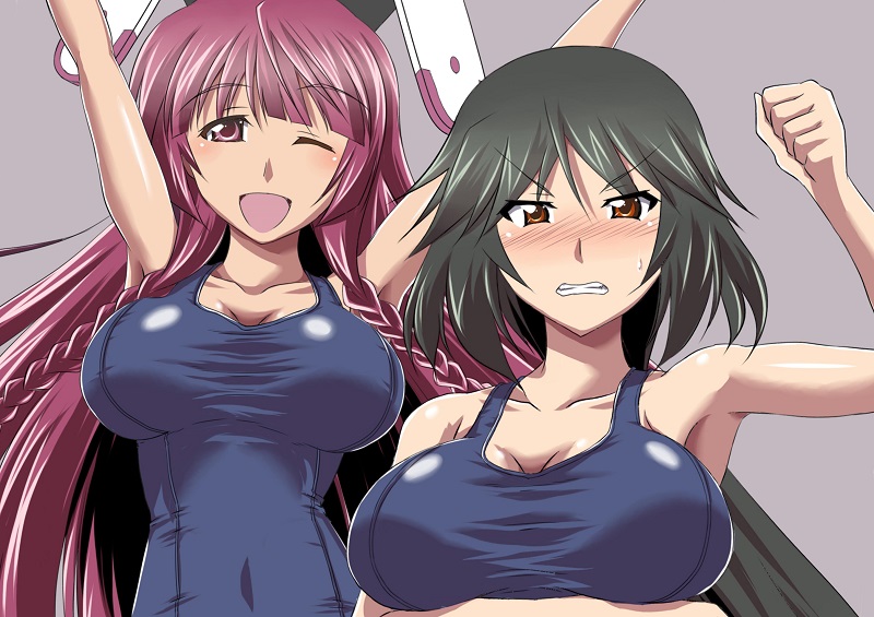:d animal_ears armpits bangs black_hair blue_swimsuit blush braid breast_hold breasts brown_eyes bunny_ears cleavage clenched_hand clenched_teeth embarrassed grey_background hair_between_eyes infinite_stratos kuroda_ariake large_breasts long_hair multiple_girls old_school_swimsuit one-piece_swimsuit one_eye_closed open_mouth orimura_chifuyu purple_background purple_eyes purple_hair school_swimsuit shinonono_tabane simple_background smile sweatdrop swimsuit teeth twin_braids very_long_hair
